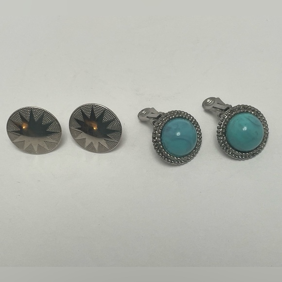 Southwest Style Clip-On Earrings - 1 pair silver tone and 1 pair turquoise tone - Picture 3 of 5